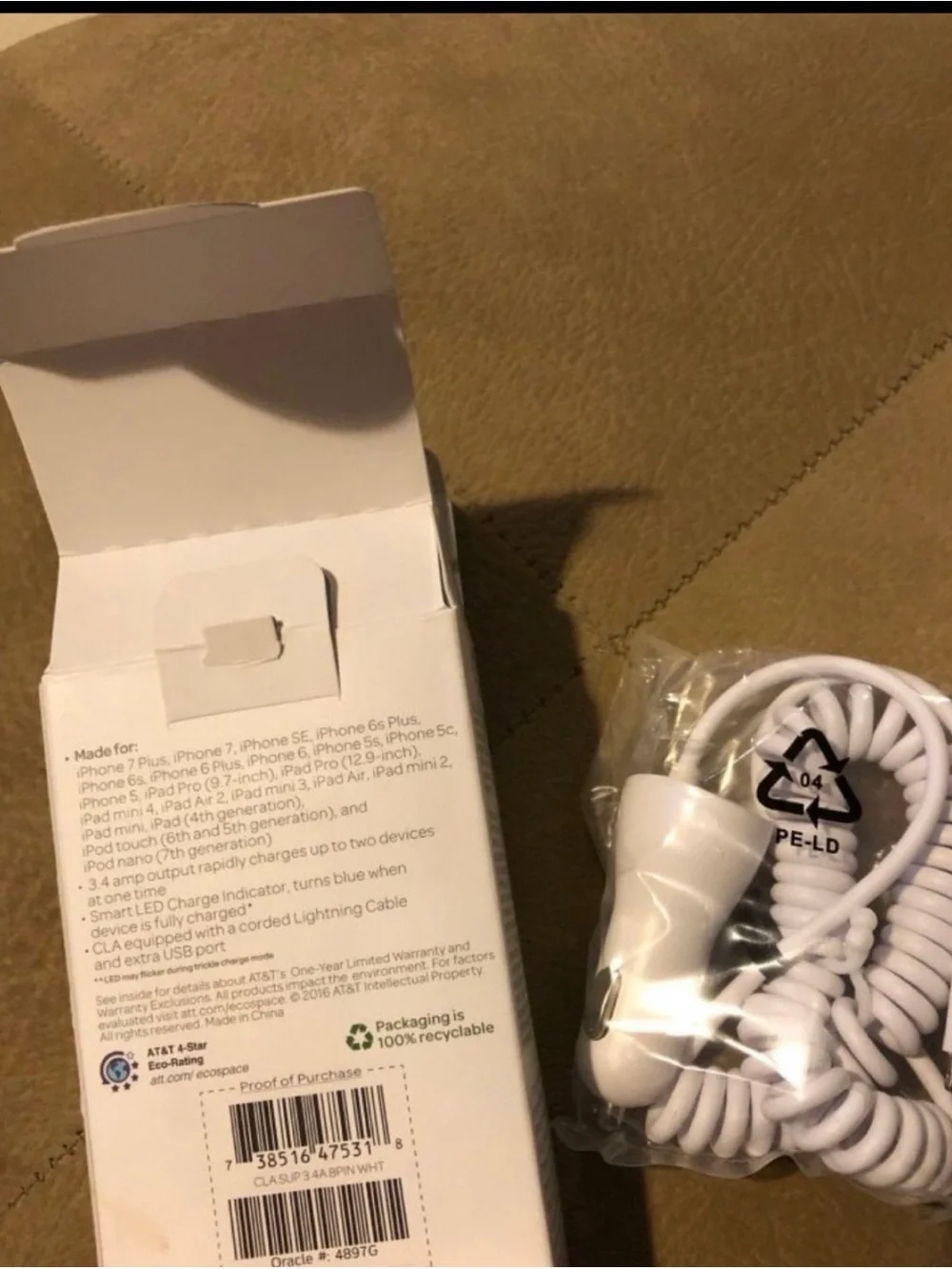 AT&T White Car Charger with Lightning Cable